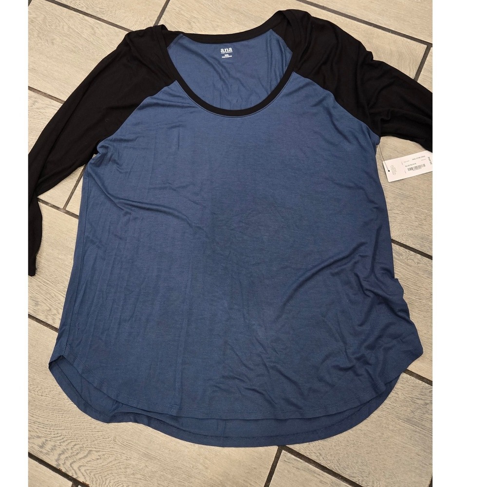 ANA A New Approach Womens XXL Blue Black Raglan 3/4 Sleeve Baseball Tee NWT
